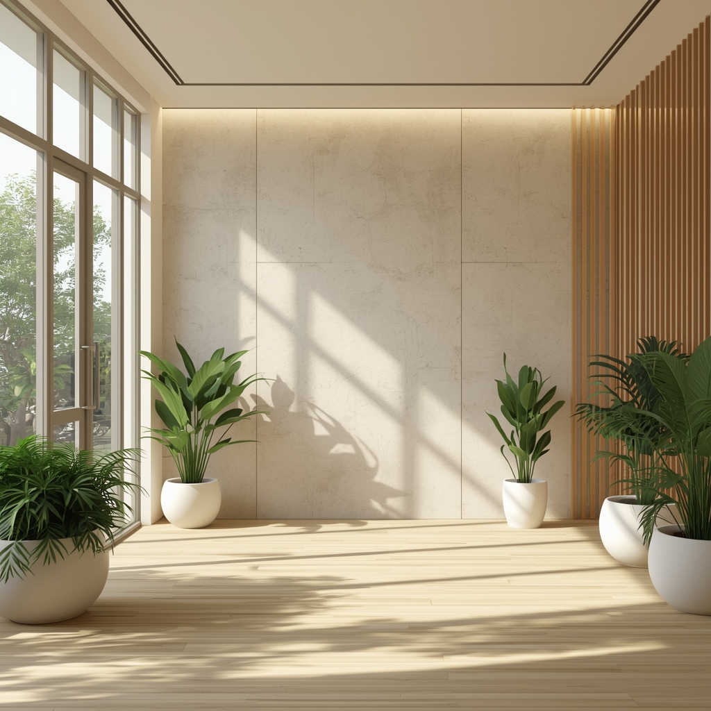 Minimalist wellness center interior with plants and natural light, zen atmosphere, archviz render
